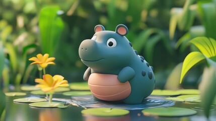 Naklejka premium A cute cartoon hippo stands in water surrounded by plants