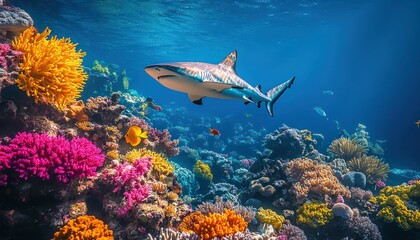 Fototapeta premium Shark Swimming Among Colorful Coral Reef with Diverse Marine Life in Tropical Ocean