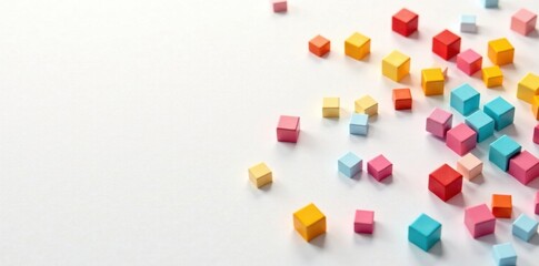 Colorful cube boxes scattered on white background with random arrangement, minimalist style, geometric shapes, home decor inspiration