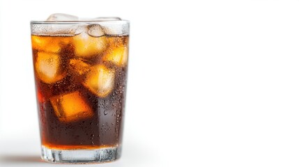 Refreshing cold cola drink with ice cubes on a bright background