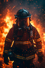Naklejka premium Firefighter in Action Amidst Flames