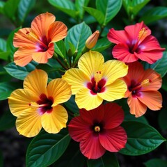 Colorful hibiscus flowers blooming in a tropical garden, garden, tropical leaves, hibiscus