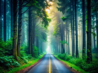 Fototapeta premium Eerie Foggy Forest Road: Mysterious Path Through Misty Woods - Stock Photo