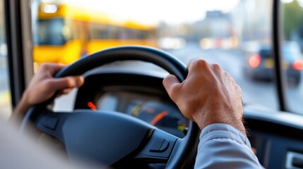 Close-up view of a driver maneuvering a modern bus through urban roads