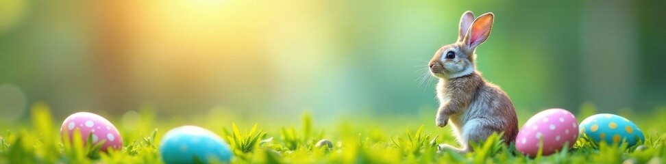 Fototapeta premium Colorful rabbit cutout sitting on a decorated Easter egg, paper cut, spring, gift