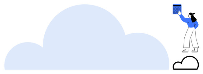 Woman standing near large cloud shape holding a data panel, symbolizing cloud storage and digital organization. Ideal for technology, data management, cloud computing, innovation, digital