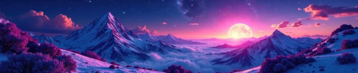 Cosmic landscape with holographic mountains and stars, celestial, holographic, galaxies