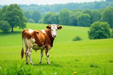 Obraz premium Cow standing alone in green pasture, farm animal, , cow
