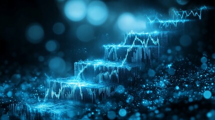 Fototapeta premium Glowing blue steps, dark bokeh background