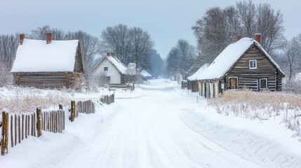 Snowy winter village street