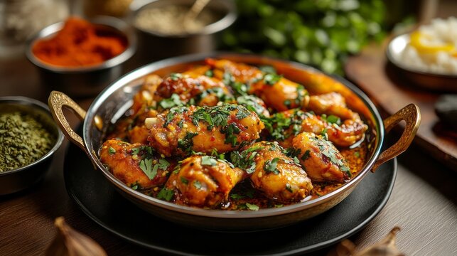 Indian cuisine concept with baked chicken wings and legs in honey mustard sauce served on a black plate in a restaurant, surrounded by authentic indian spices on a rustic wooden table for a rich and f