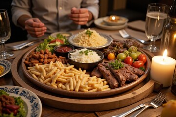 An Elegant Dinner Spread Featuring Grilled Steak, Fresh Vegetables, and Hearty Sides at a Cozy Restaurant Setting with Soft Candlelight