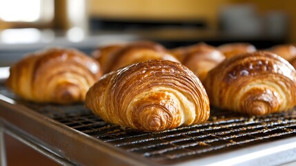 Golden Brown Croissants on Cooling Rack Bakery Pastry