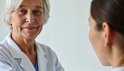 Fototapeta premium Elderly female doctor smiling at patient in medical consultation