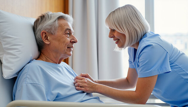 Nurse comforting elderly man in hospital room