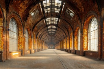 Abandoned Industrial Warehouse with Arched Brick Walls and Dramatic Lighting Effects