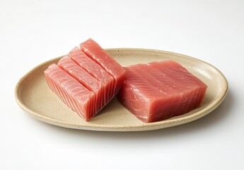 Fresh Tuna Slices on a Neutral Plate, Perfect for Culinary Display, Sushi Preparation, Healthy Eating, and Japanese Cuisine Recipes