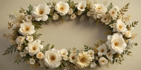 Obraz premium Elegant floral wreath featuring mixed blooms in gold and cream hues, vintage style, wedding invitations