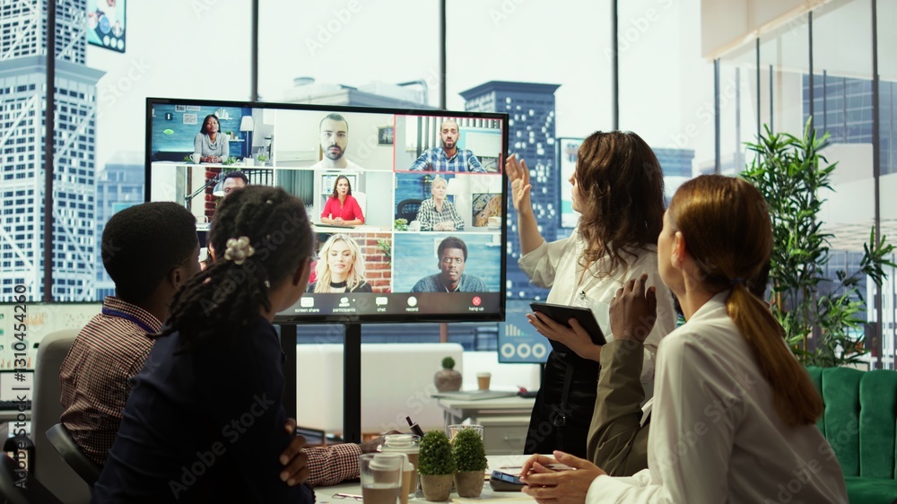 Poster briefing meeting between employees and advisory board via videocall network, evaluating monthly repo