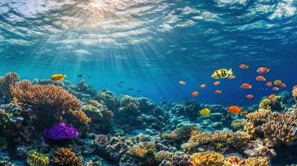 Fototapeta premium Vibrant Underwater Scene with Colorful Coral Reef and Various Tropical Fish Swimming