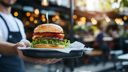 Waiter serving a freshly prepared burger to an outdoor summer dining area at a cozy street cafe, showcasing fast food dining experience in a relaxed urban setting with warm ambiance