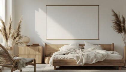 Minimalist Bedroom Design With Wooden Bed and Pampas Grass