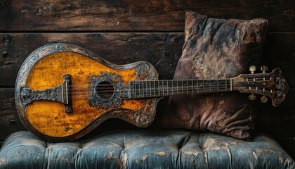 Ornate vintage guitar resting on a worn cushioned sofa against a rustic wooden backdrop