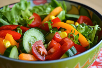 A Fresh salad bowl with vibrant vegetables, bright colors, and natural light