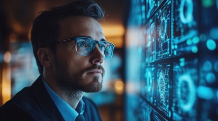 Focused Businessman Analyzing Data on a Futuristic Digital Screen