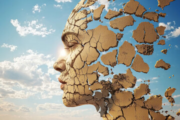 A cracked dry earth texture resembling human face, earthy brown tones, open left side, ultra sharp details, and bright sky