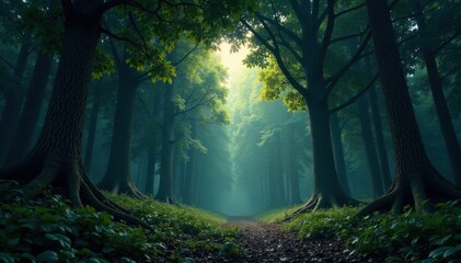 Naklejka premium Dark forest with a massive hole in the canopy above it, tree, hole, nature