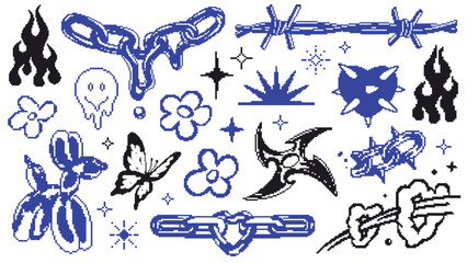 Abstract pixel art symbols and shapes on gray background. Vector y2k elements for trendy designs.