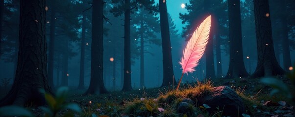 Fototapeta premium Glowing arrow with feathers in a forest night sky, mystical, magical, celestial