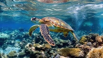 Fototapeta premium Vibrant Green Sea Turtle Swimming Gracefully Above Colorful Coral Reef Underwater