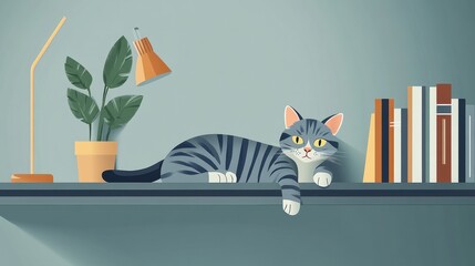 A cozy cat sleeps on a bookshelf, tail dangling. Warm lighting, books, and plants in the background