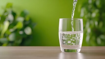 Refreshing water pours into a clear glass surrounded by vibrant green hues