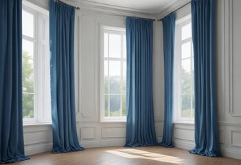 Fototapeta premium large windows with white frames and blue curtains, sleek glass surfaces, white walls