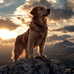 Adventurous Golden Retriever standing on a rocky mountain peak, gazing at a breathtaking sunrise, epic and dramatic, ultra-detailed, UHD 8K 