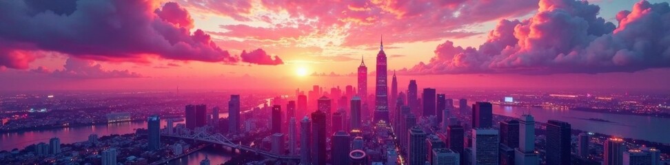 Obraz premium Gradient texture set on a futuristic cityscape at sunset, technology, modern architecture, gradient textures