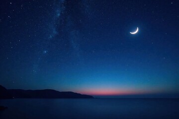 Dark vastness of the night sky with twinkling stars and a bright crescent moon, cosmos, celestial bodies, darkness