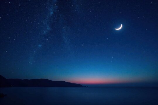 Dark vastness of the night sky with twinkling stars and a bright crescent moon, cosmos, celestial bodies, darkness