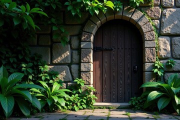 Darkened foliage wraps around ancient wooden door , entwined, forest, shadows
