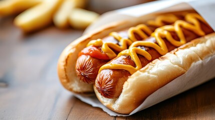 Delicious hot dogs topped with mustard and ketchup on a wooden table