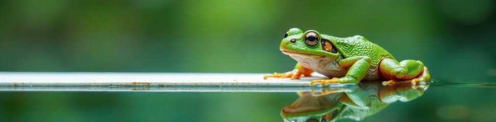 Fototapeta premium Grenouille avec panneau blanc flottant au-dessus d'un lac calme, plante, lanterne, eau