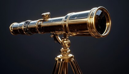 Naklejka premium Elegant vintage golden telescope on a tripod against a dark background for exploration