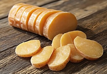 Freshly Cut Round Slices of Natural Organic Sweet Potato on Rustic Wooden Table Background for Healthy Eating Concept