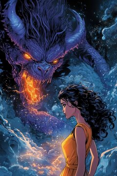 Comic Book Illustration: Fantasy Female Warrior Confronts Monstrous Creature with Flames