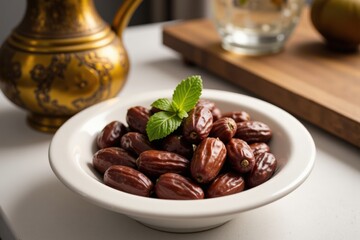 Fototapeta premium A Close-Up Image of Fresh Medjool Dates in a Decorative Bowl with a Sprig of Mint, Captured in a Bright Kitchen Setting with Rustic Elements