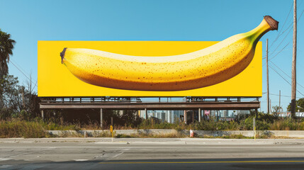 A vibrant billboard featuring large banana against bright yellow background, capturing attention with its playful design