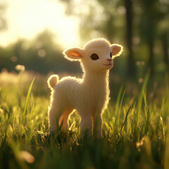 Obraz premium Baby lamb standing in a green pasture, soft wool glowing under the sun, peaceful and adorable, UHD 8K 